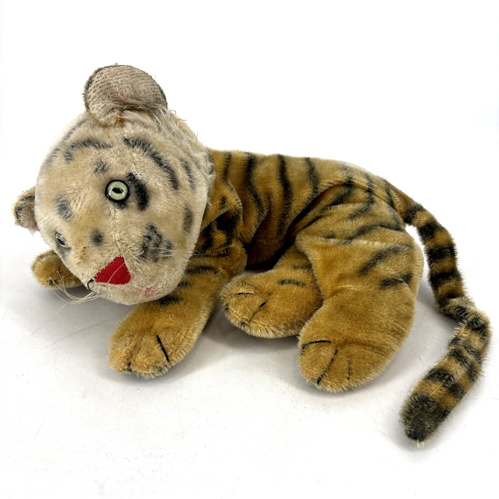 Rare‎ Vintage Mohair Tiger Plush Germany Steinhauser? Steiff? 1950s 60s Laying